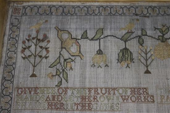 A George III needlework sampler, work with a country house, shrubs and birds, dated 1813